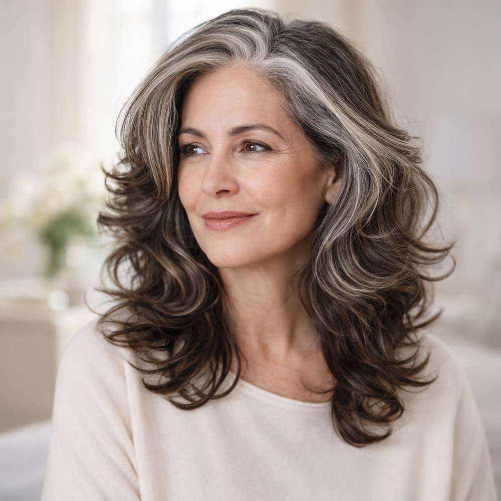 Confident woman with beautiful silver-streaked hair