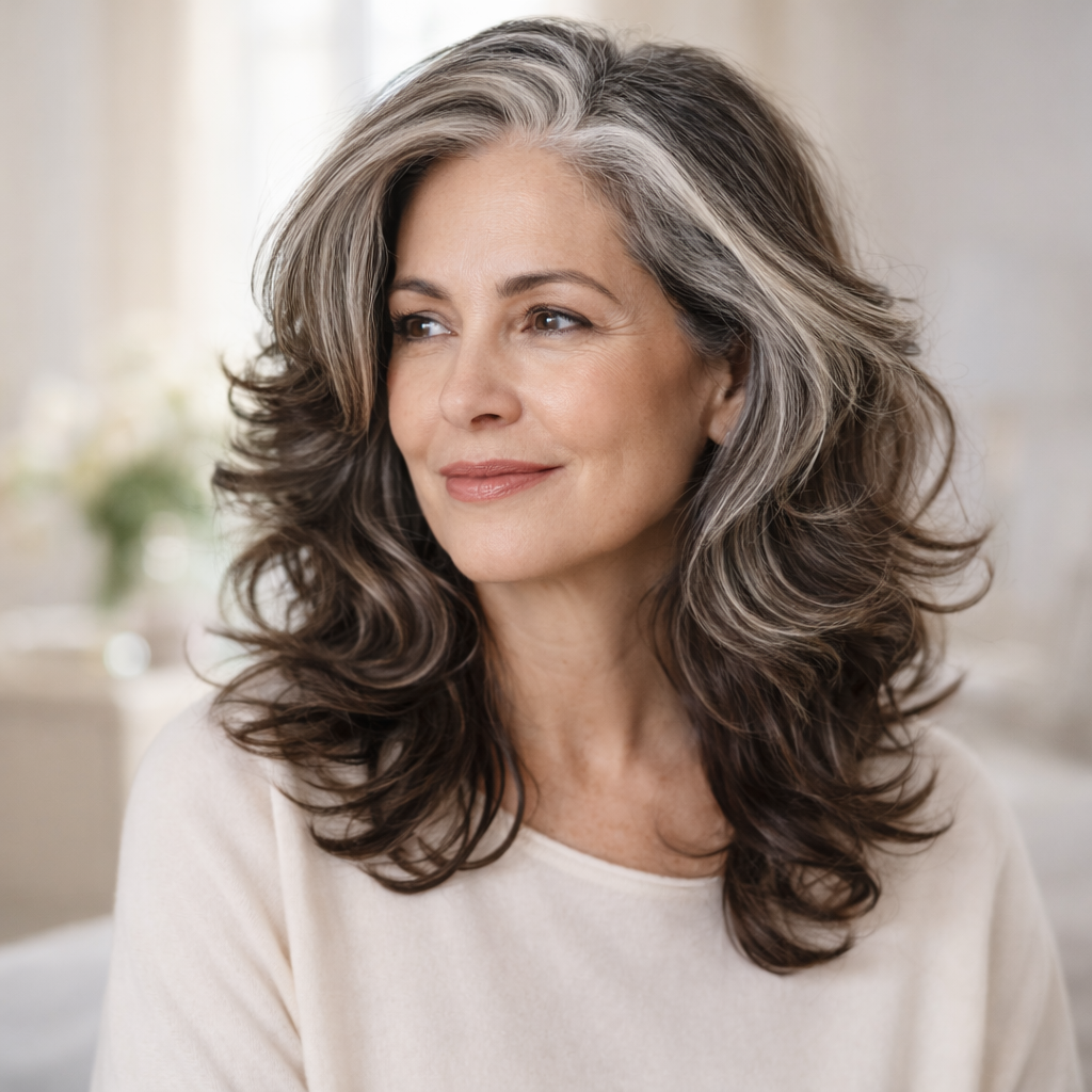 Confident woman with beautiful silver-streaked hair